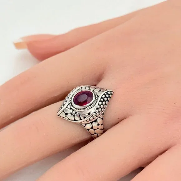 Bali Sterling Silver and Ruby Pebble Textured Statement Ring Size 8 - NWT - Picture 7 of 8